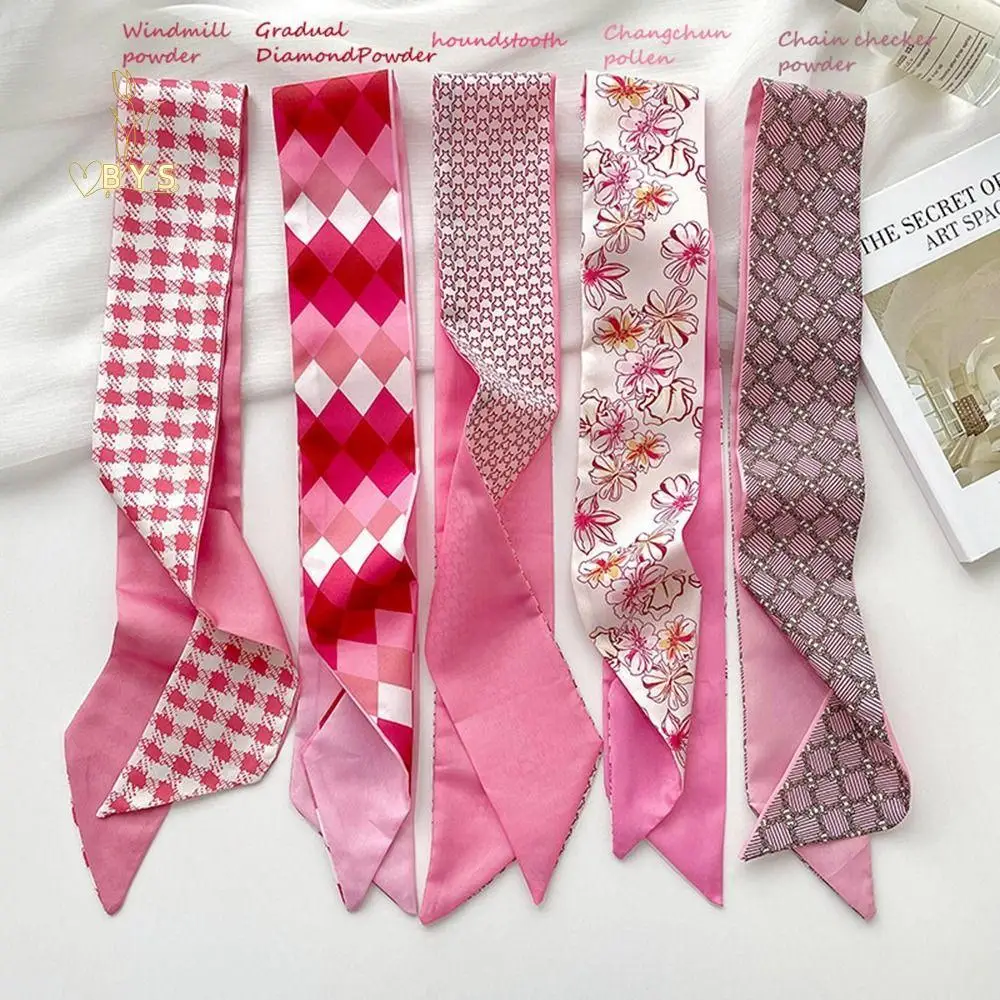 Simple Ribbon Headband Silk Scarf Flower Long Scarf Collocation Clothing Accessories Pink Printed Neckerchief Women