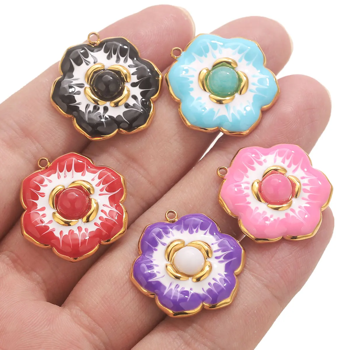 

2 PCS Stainless Steel 18K Gold Floral Enamel Pendants Luck Charms DIY Necklaces Earrings Jewelry Gift Accessories Wholesale