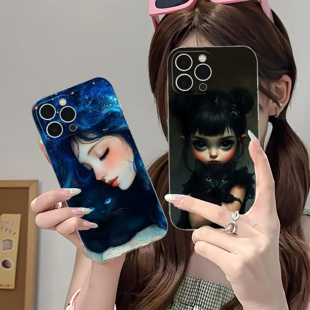 حافظة هاتف فني على شكل قطة لهاتف آيفون 16 15 14 13 12 11 X XR XS 8 6 Pro Max Plus غطاء حماية صغير بلون واضح جميل #3