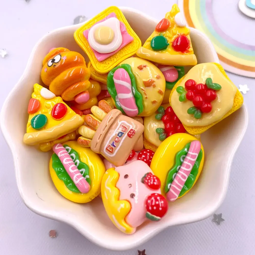 12PCS Resin Kawaii Colorful Mini Sandwich Pizza Cake Sausage Bread Scrapbook Flat Back 3D Figurine  DIY Decor Accessories M434 W