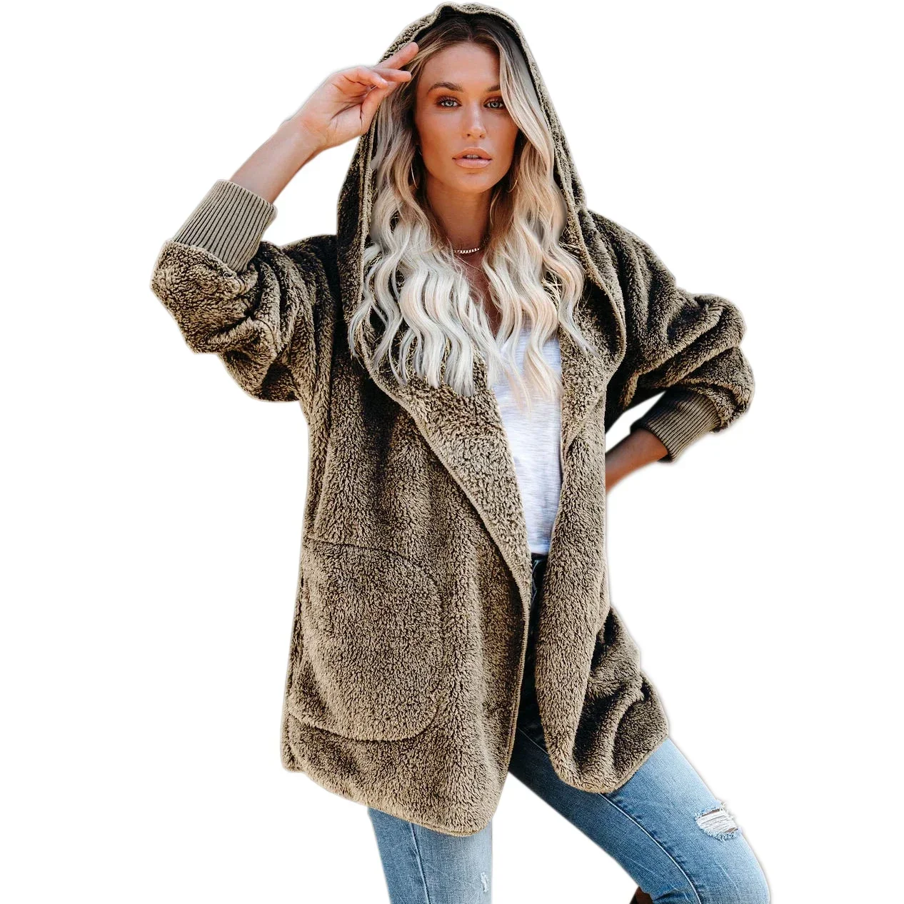 Thicken Women Winter Coat Solid Plush Color Long Sleeves Zipper Cardigan Loose Warm Furry Plush Lady Comfortable Clothing