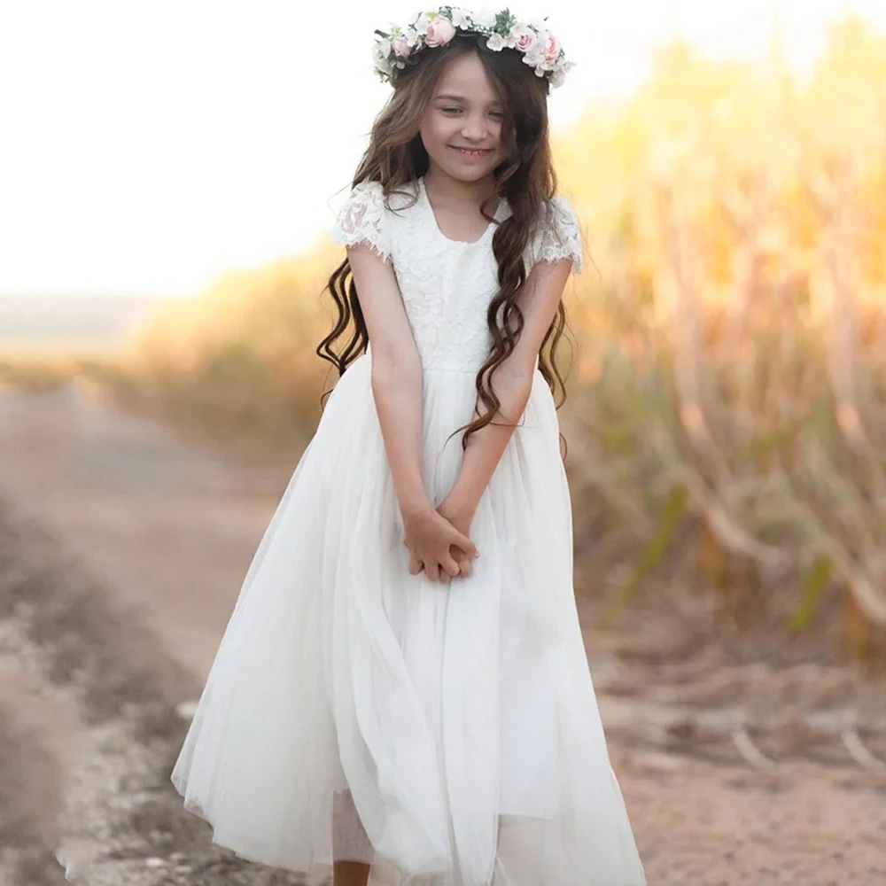 Vestidos de flores de corte en A para niña, apliques de encaje con cuello redondo y espalda descubierta, vestido de fiesta de cumpleaños de tul largo hasta el té, vestidos de primera comunión