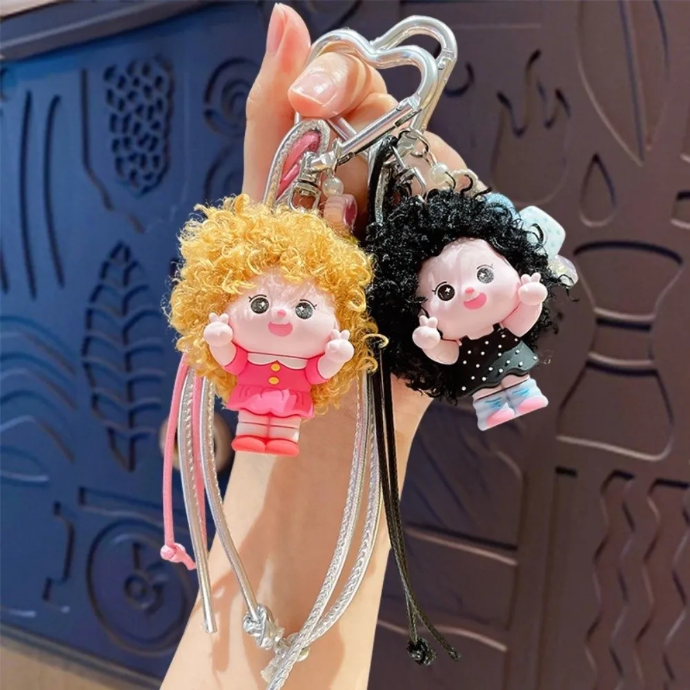 Fashion PVC Curly Hair Doll Keychain Cartoon with Lanyard Girl Key Chain Gift Dopamine Doll Bag Pendant Bag Charm