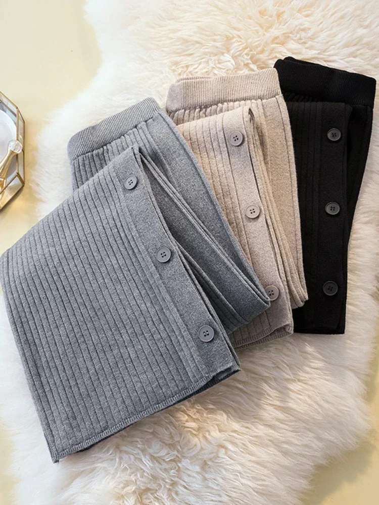 Knitted Split Button Wide Leg Pants Straight Casual High Waist Pants Keep Warm In Autumn Solid Loose Wool Cosy Woman Trousers