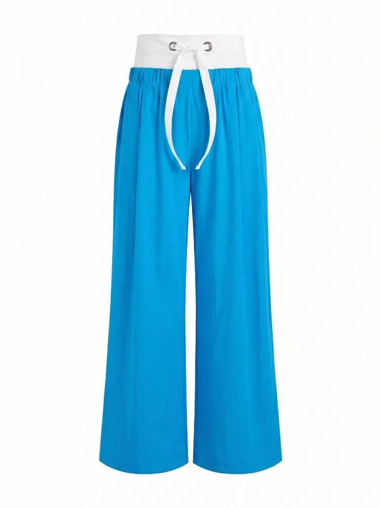 Yeezzi Women's Fashion Patchwork Tied Waist High Waisted Wide Leg Matching Pants Loose Pockets Casual Palazzo Trousers Bottoms view 3