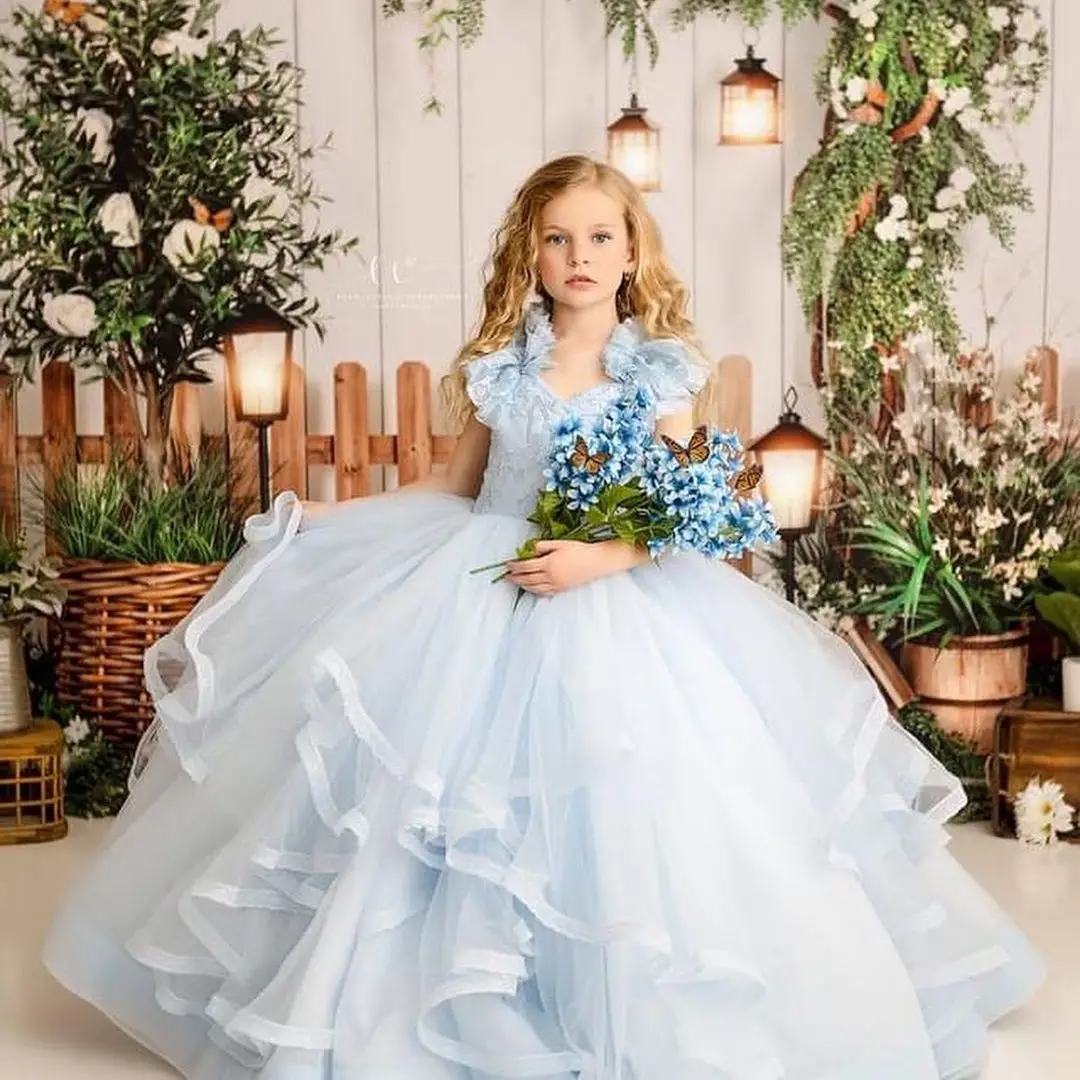 Vestido de flor azul claro para casamento, comprimento do chão, laço, decote em v, tule, inchado, sem mangas, princesa, festa de aniversário infantil, vestido de baile