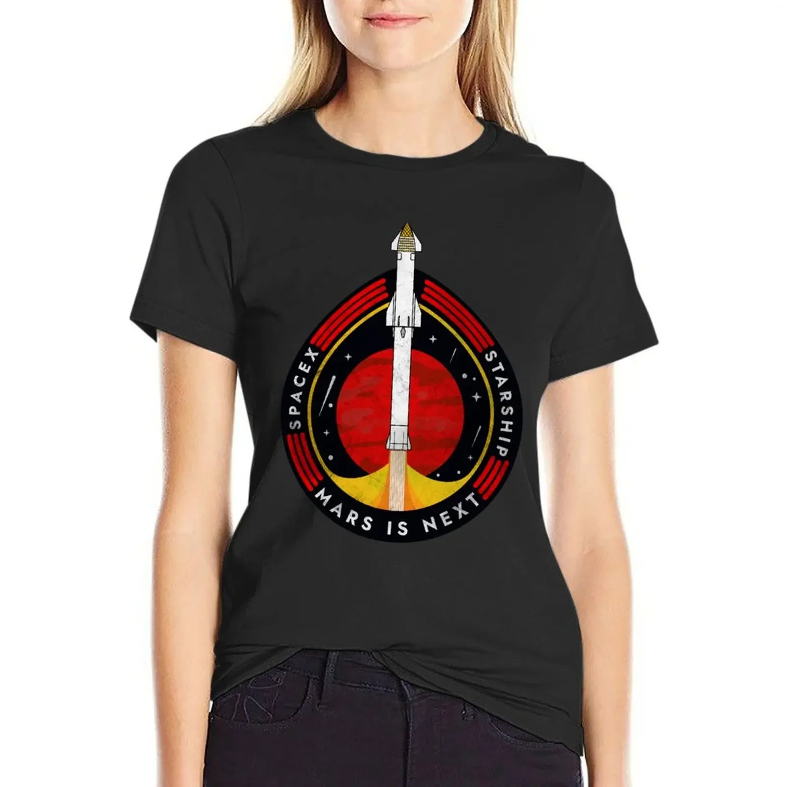 

SpaceX-Starship: Mars is Next Badge T-Shirt plain Short sleeve tee female white t shirts for Women