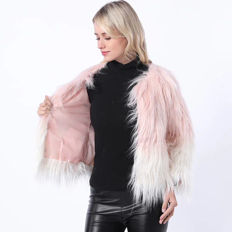 سيدة فرو المنك سترة أفخم عارضة الإناث فو الفراء سترة الشتاء النساء تقليد معطف الفرو التدرج جولة الرقبة قصيرة #4