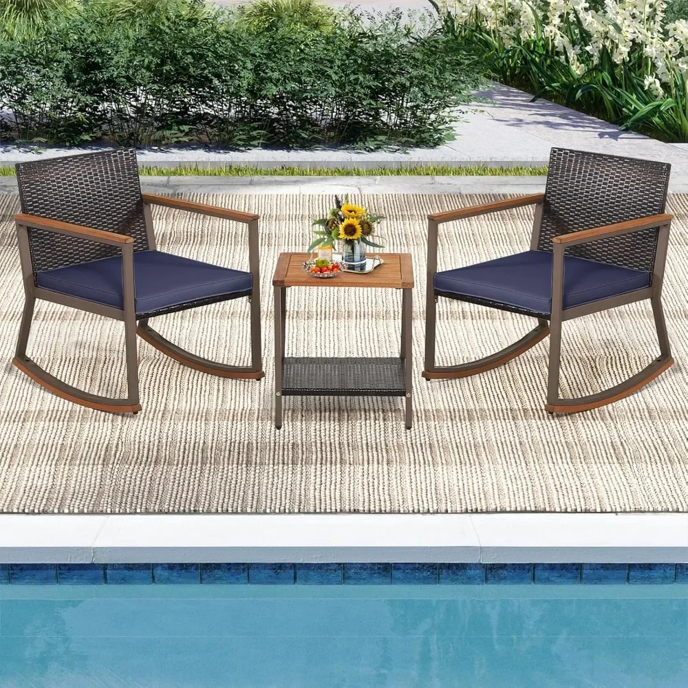 3 Pieces Rocking Bistro Set, Outdoor Rocker Chair with Coffee Table & Cushions, Patio Rattan Furniture Conversation Set