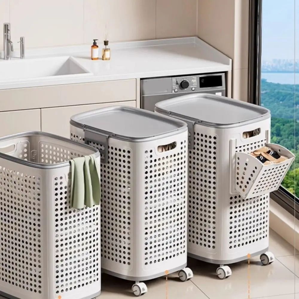 

Большая складная корзина для грязного белья из пластика, пыленепроницаемая, на колесиках, с отсоединяемыми бесшумными колесами