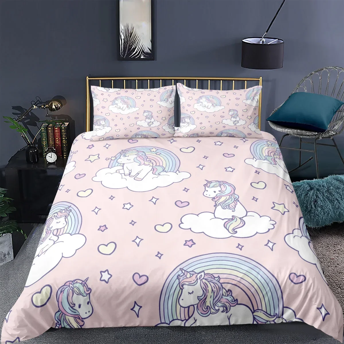 Unicorn Bedding Set King Queen White Pink Unicorn Duvet Cover for Girls Kids Dreamy Cartoon Sparkle Lilac Polyester Quilt Cover