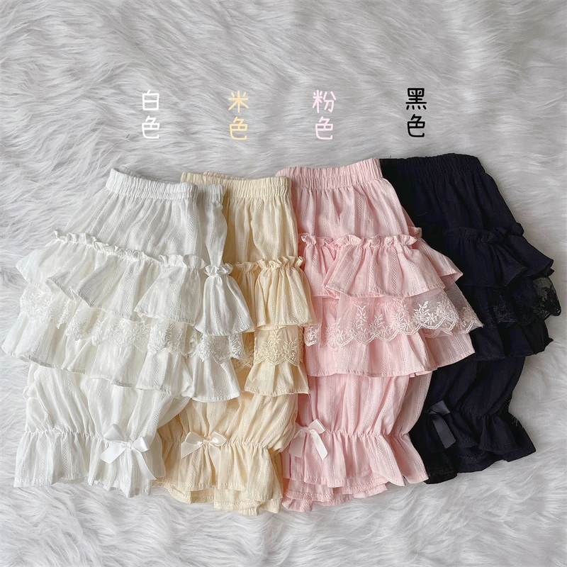 Bloomers Women Cute Ruffle Mini Shorts with Lace Trim Ribbon Bow Elastic Waist Tiered Ruffle Skort Soft-Girl Lolita Jirai Kei