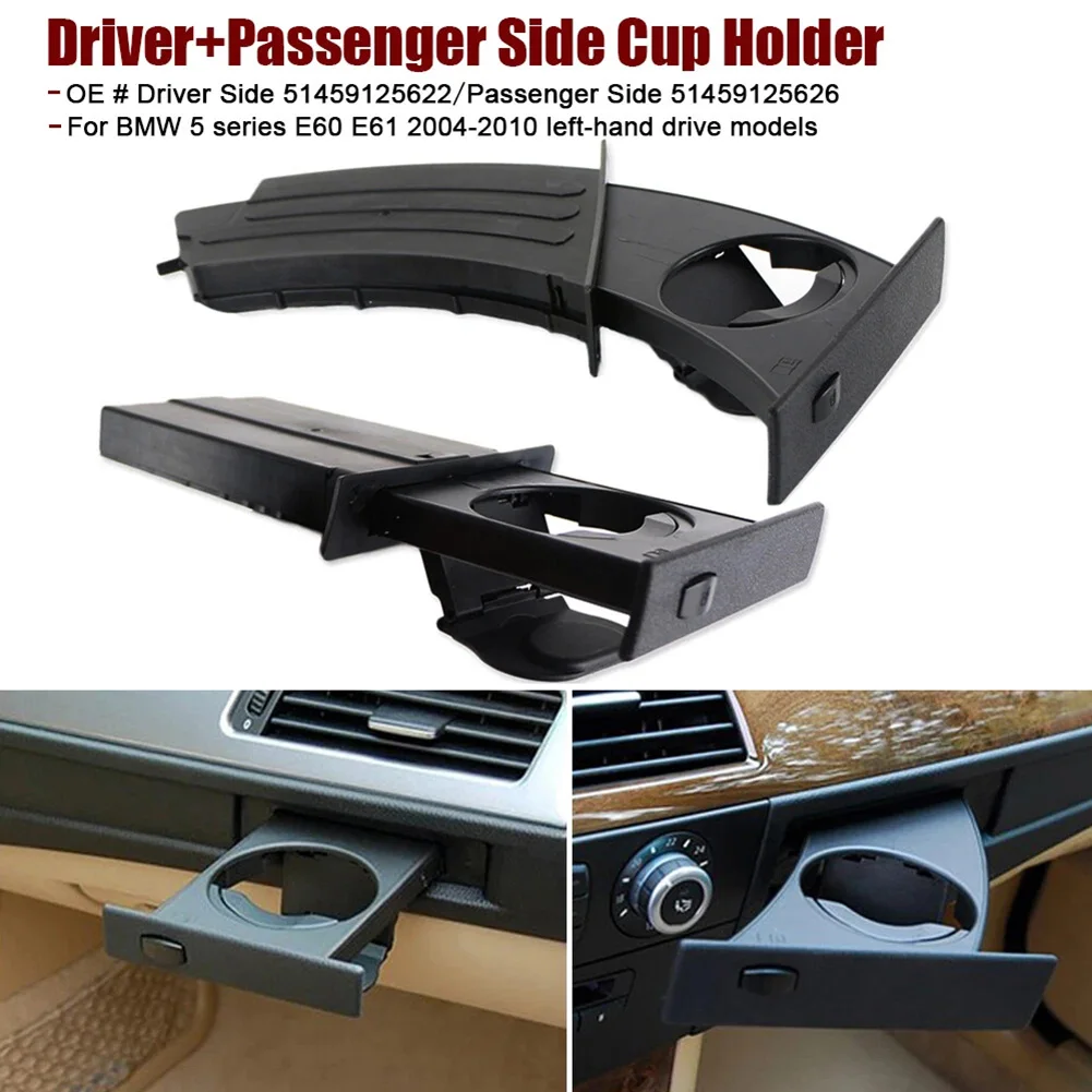 

2Pcs L&R Center Console Cup Holder For BMW 5 Series E60 E61 2004-10 51459125622 Plastic Black Car Accessories