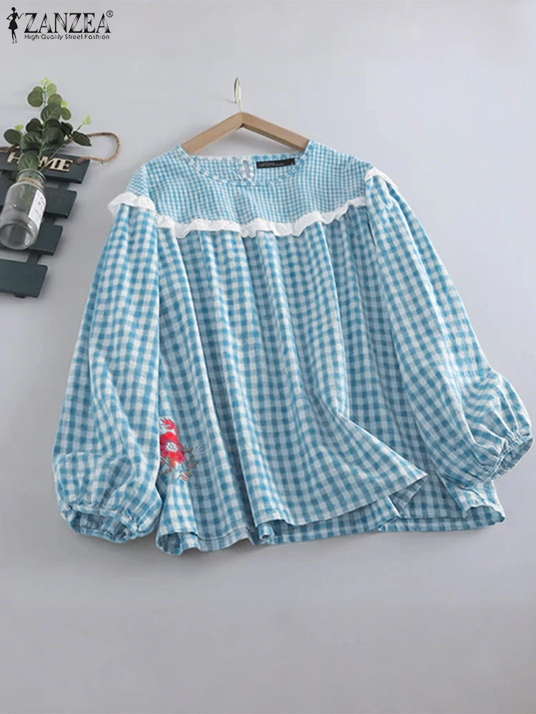 

ZANZEA 2025 модная осенняя женская клетчатая блузка с длинным рукавом, кружевные лоскутные рубашки, повседневные свободные туники, топы, винтажные блузки с принтом