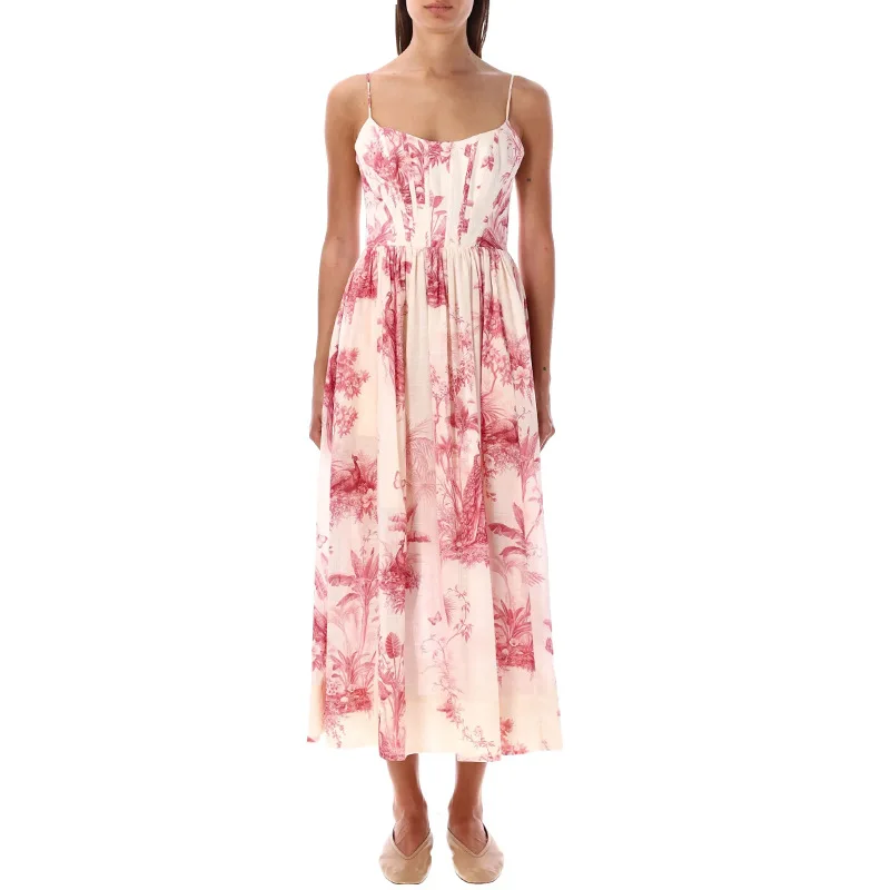 

French elegant style waist-cinching flared dress 2025 new fashion printed strapless slimming long dress women Summer