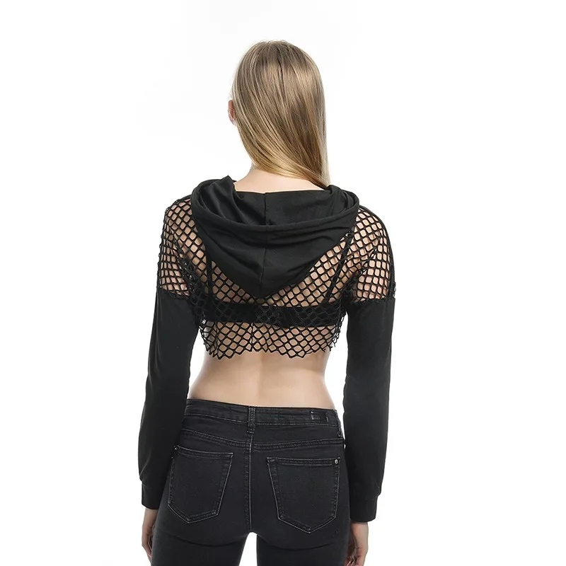 Black Hoodies For Women Hollow Out Crop Tops Mesh Patchwork Short Sweatshirt Long Sleeve Autumn Tops And Pullovers