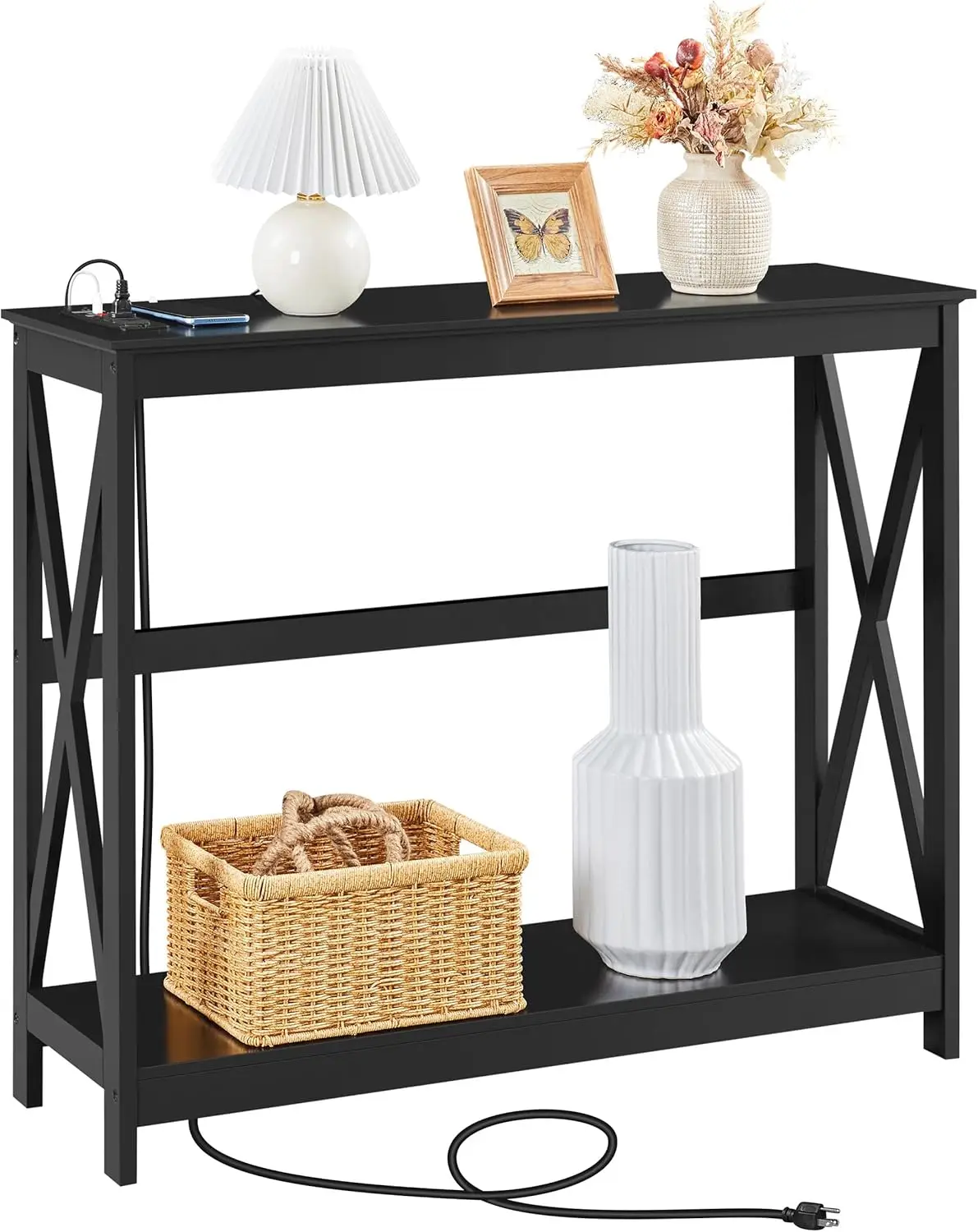 

40" Console Table with Power Outlets, USB Ports, Charging Station & Storage Shelf, Narrow 2-Tier Sofa Table