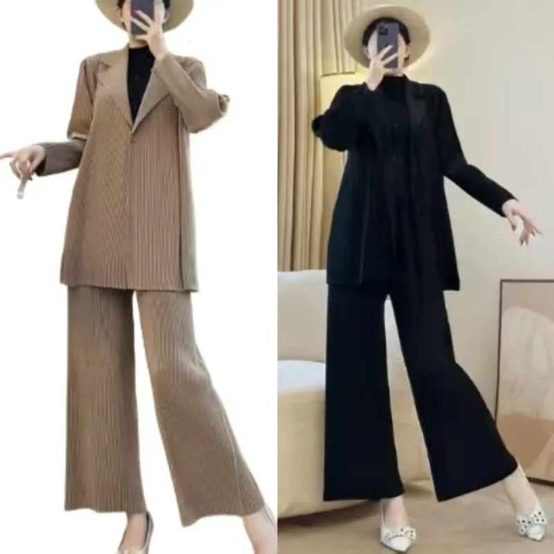 

Miyake Pleated Long Suit Set Women Plisse 2025 Solid Elegant Commuter Suit Notched Lapel Single-Button Slim Pleats Fit Fall New