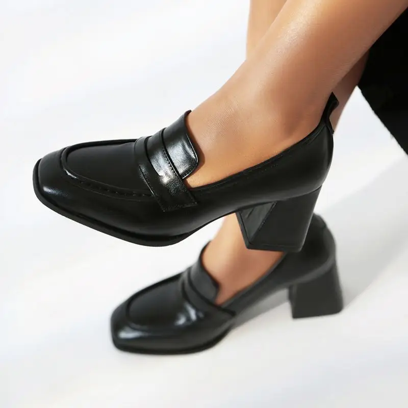 ASILETO 2024 New Luxury Office Lady Pumps 32 33 Square Toe Chunky Heels 7cm Slip On Big Size 44 45 Classic Female Shoes Spring