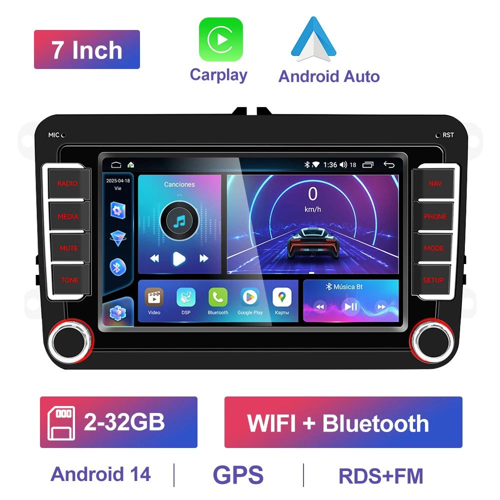 GEARELEC Android 14 Autoradio 2 DIN Carplay Voor VW Volkswagen Skoda Octavia Golf 5 6 Touran Passat B6 Polo Jetta 2Din Multimedia Speler Android Auto Stereo