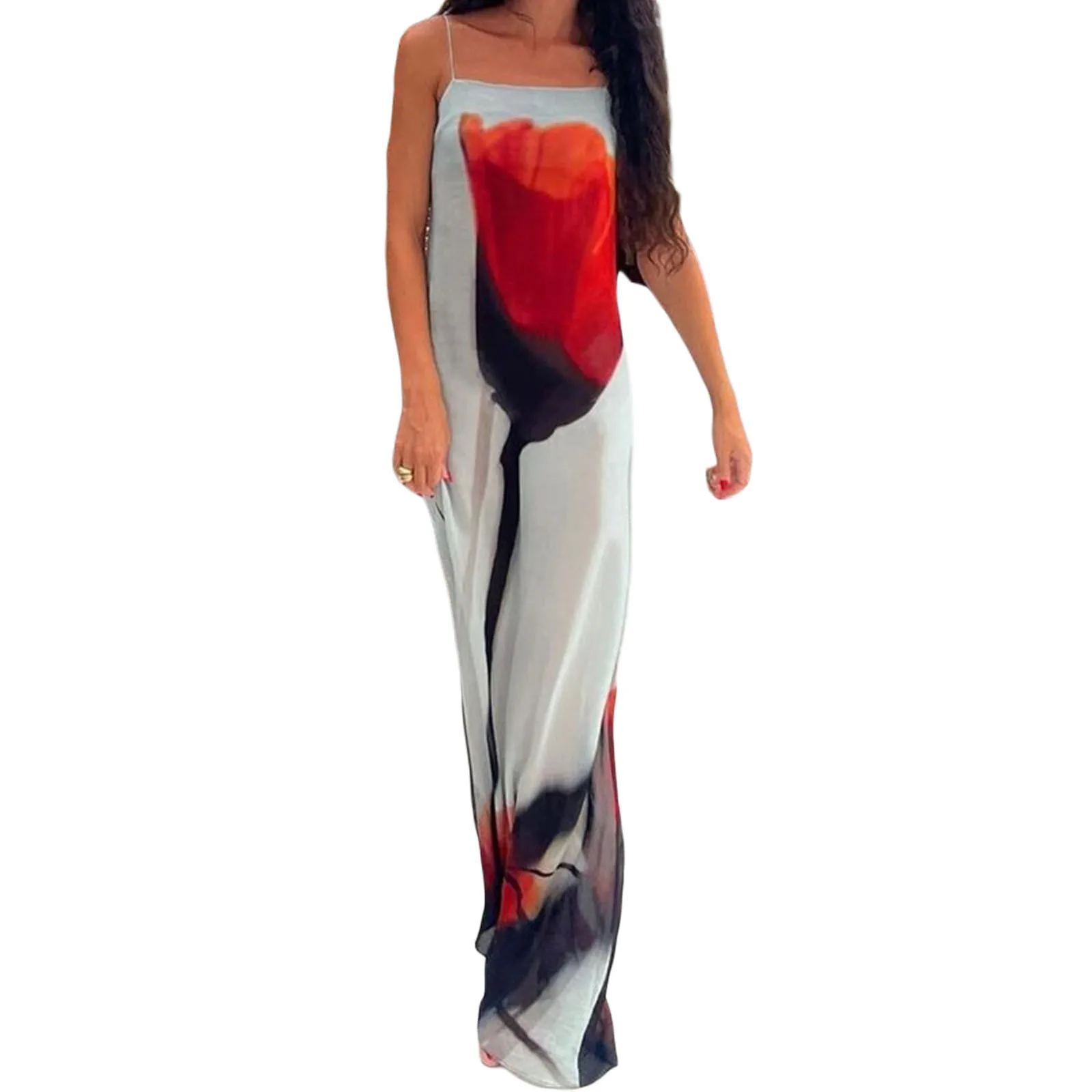 Women's Summer Cami Long Dress Spaghetti Strap Abstract Flower Print Sheer Backless Slip Dress