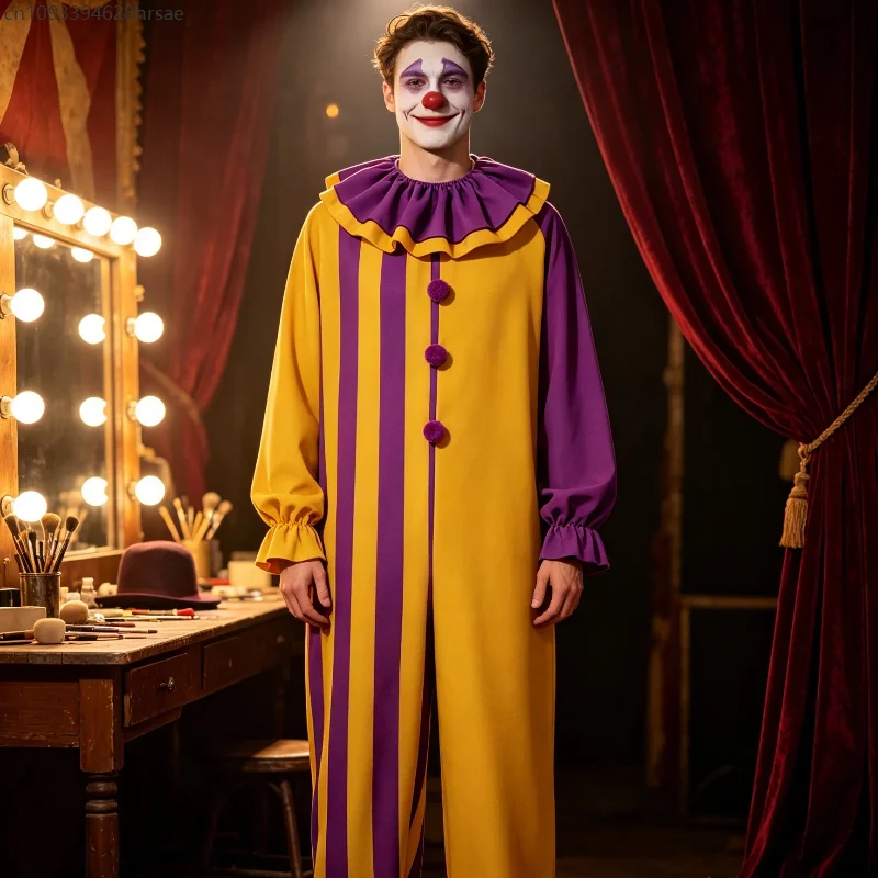 Unisex Clown Cosplay Overall Gelb-Lila Vertikale Streifen Rüschenkragen Erwachsenen Halloween Karneval Zirkus Maskerade Bühnenkostüm