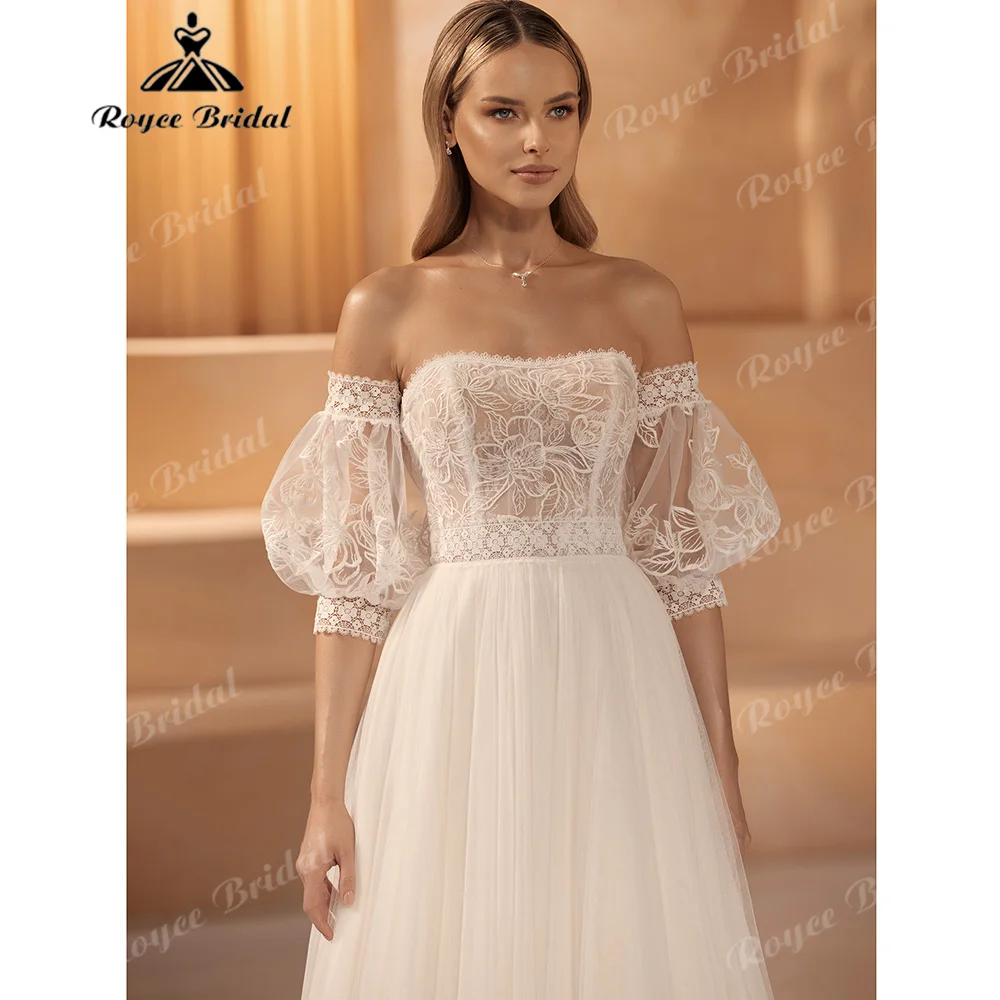Off Shoulder Strapless Wedding Dress Detachable Puff Elbow Sleeve Floral Lace Low Back Boho Vestido De Novia Customized