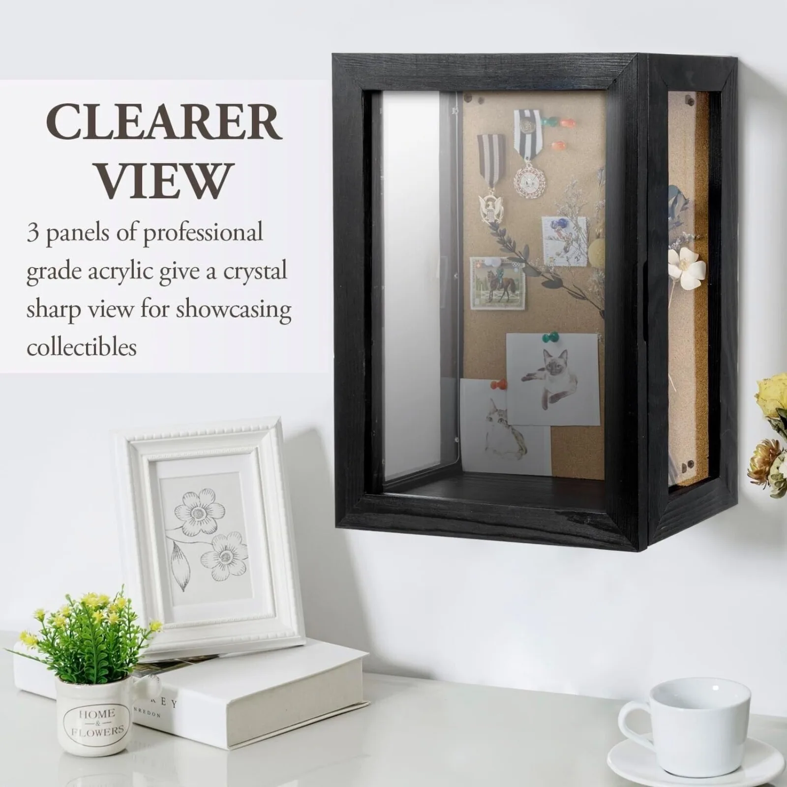 Wall Mounted Brown Wood and Black Metal Shadow Box, Clear Acrylic Viewing Panels United States