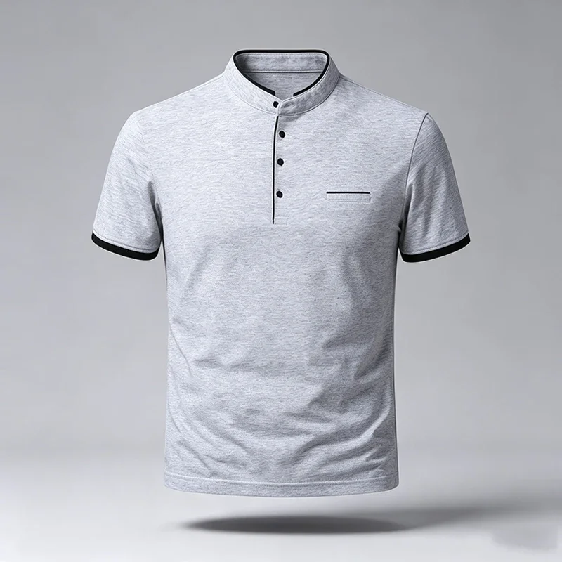 Men Regular Fit Long Sleeve Polo Shirt Mandarin Collar Chest Pocket Skin‑Friendly Fabric For Street Style Office Daily Commute