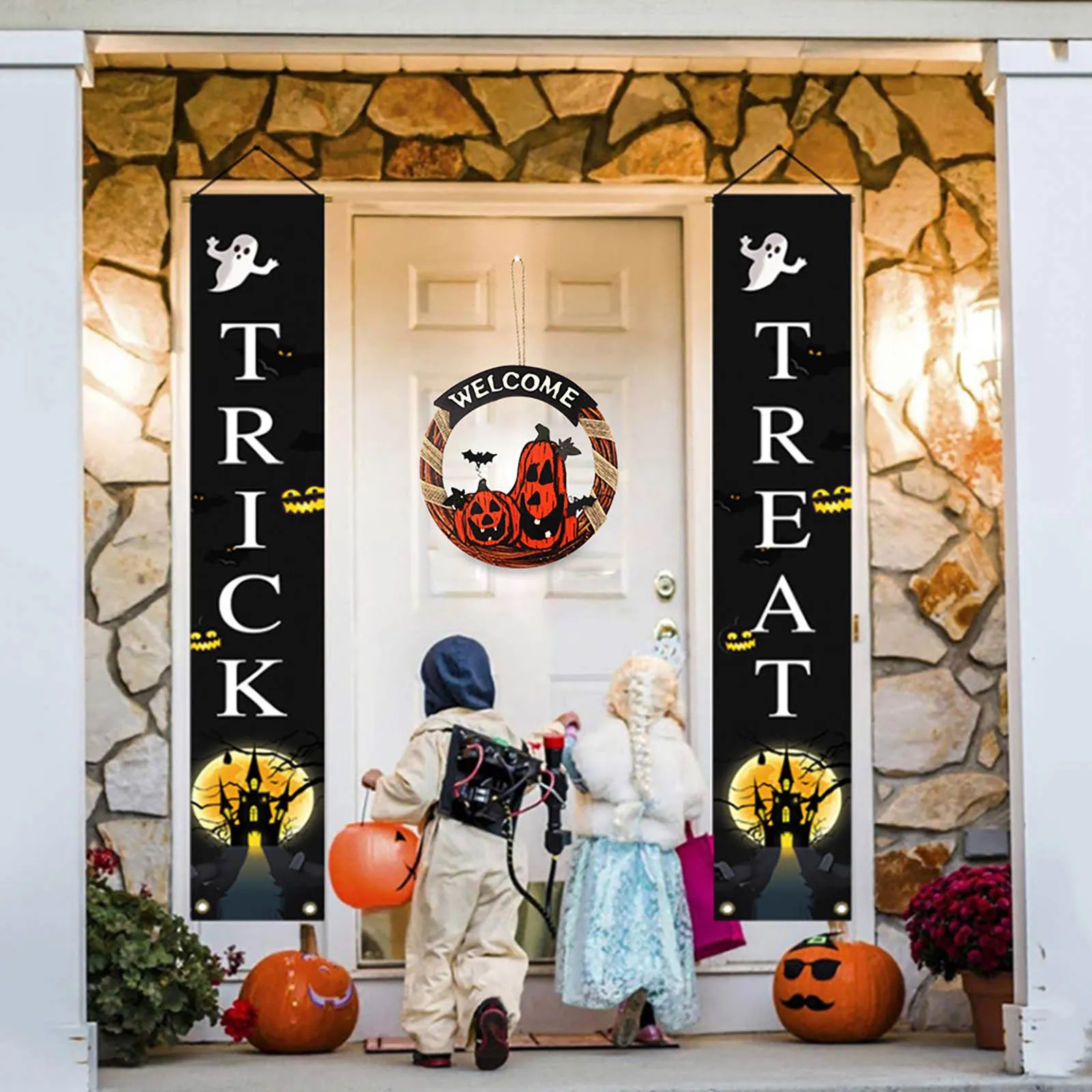 Halloween Welcome Sign Wreath Door Hanging Halloween Wooden Pumpkin Black Cat Graveyard Castle Spooky Dress Up Supplies