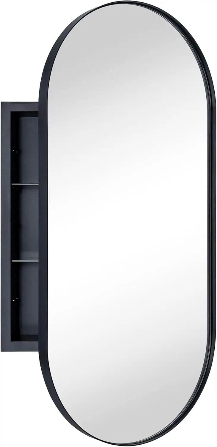 Matte Black Oval Recessed Bathroom Medicine Cabinet With Mirror Stainless Steel Metal Framed Oblong Pill Shaped Bathroom