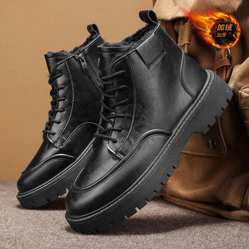 Winter High Top Warm Men's Leather Boots Black Velvet Anti Slip  Ankle Boots Thick Soled Wear-resistant Short Boots