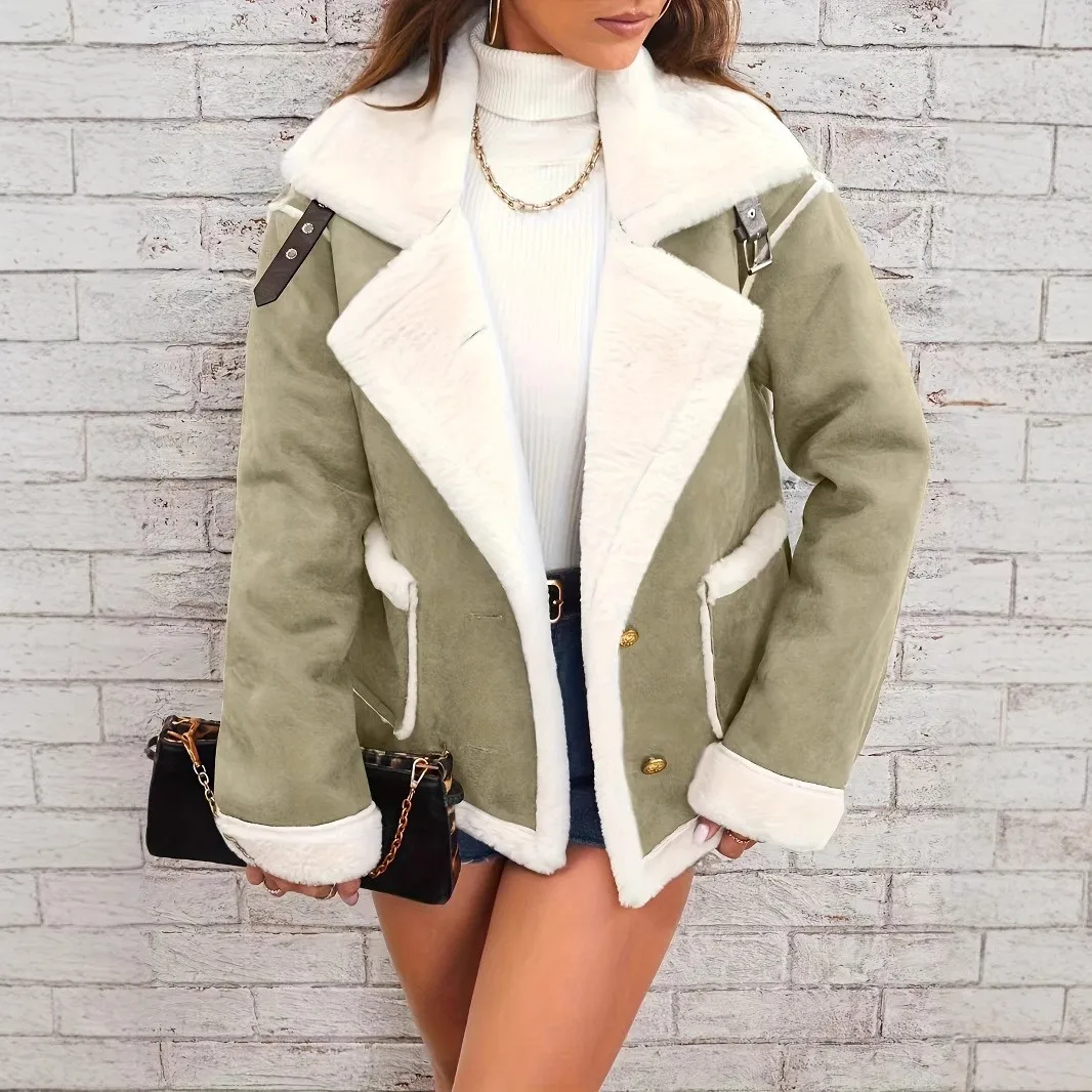 Thick Turn Down Collar Coat Loose Fit Casual Women Jacket with Regular Length Single Patchwork Spring Composite Long Sleeve
