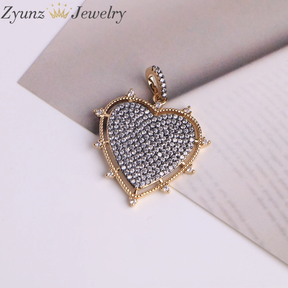 10PCS, Luxury Gold Silver Color Plated Metal Cubic Zirconia Heart Charms Heart Pendants Love Charms