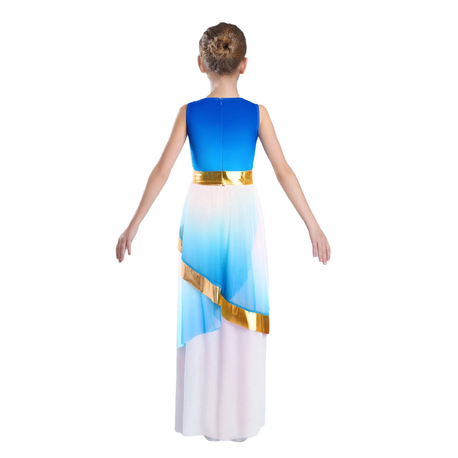 Abito da ballo lirico per bambini e ragazze, costume da spettacolo in chiesa, senza maniche, in vita metallizzata, con strato di rete asimmetrico