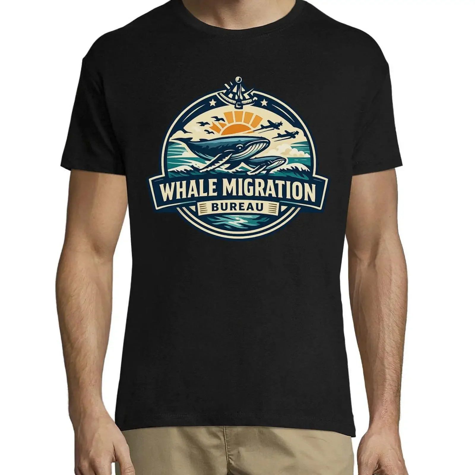 Ocean Life and Whale Migration Bureau Emblem Crew Neck Cotton Men's T Shirt Black vintage Washed designer clothes Casual