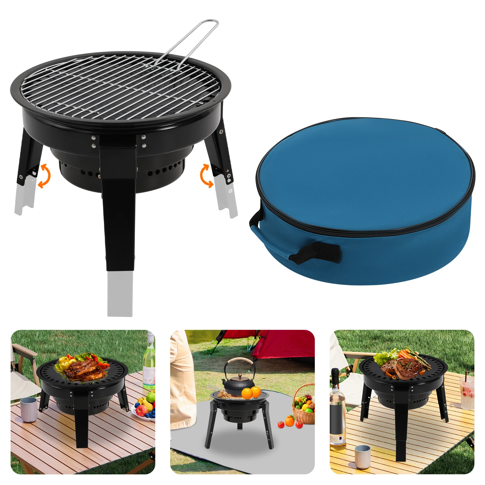 Grills à charbon de bois portables, baril de barbecue avec accessoires de gril et sac de transport pour le Camping, le jardin, la fête de barbecue, le gril de Table au charbon de bois