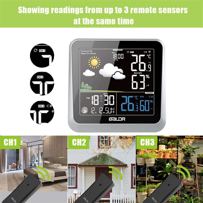 Smart Weather Station Color LCD Wireless In/Outdoor Thermometer Hygrometer Monitor Moon Phase Forecast TrendSensor Wall Clock