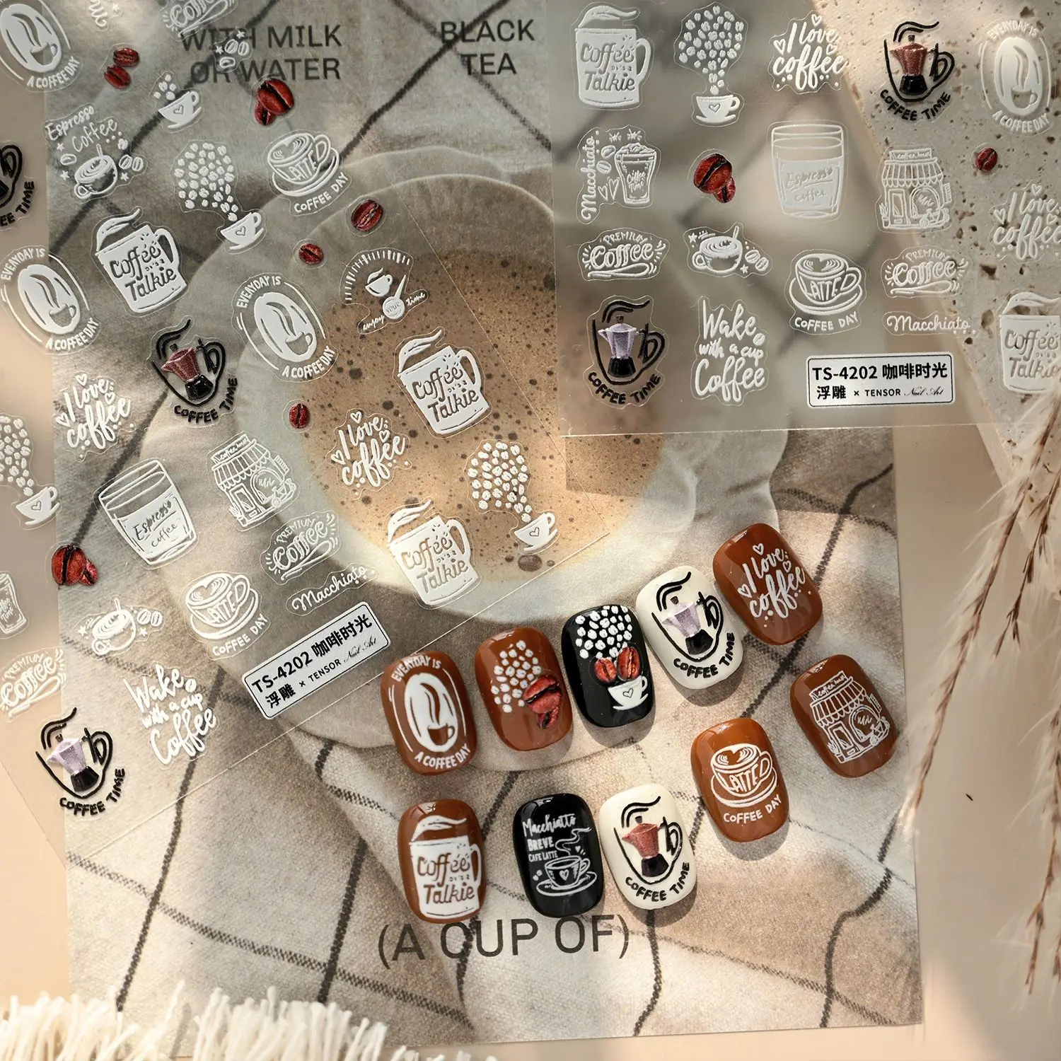 Graffit Koffiebonen Koffiepotten Coffeeshops Afternoon Moments 3D Zelfklevende Nail Art Stickers Cake Dessert Manicure Decals