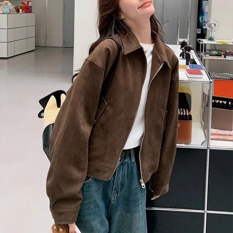 

Maillard Vintage Turn-down Collar Jackets Autumn Winter New American Retro Zipper Female Clothing Fashionable Button Loose Coats