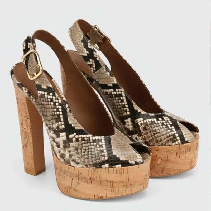 

Wooden Platform Chunky Heels Slingback Shoes Brown Transparent PVC Peep Toe Buckle Strap Block Heel Club Party Shoes