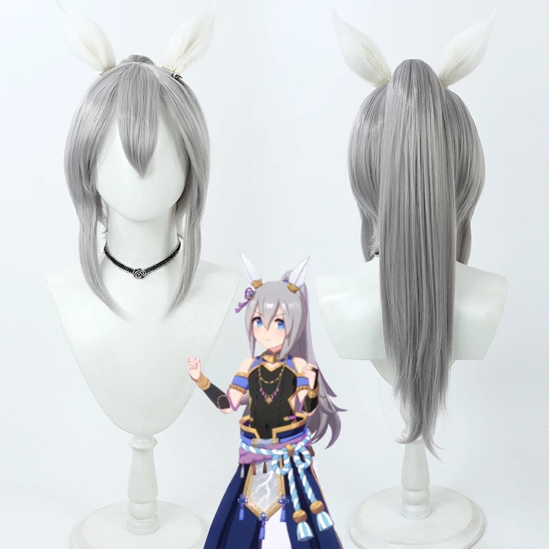 Umamumume-Peluca de Cosplay con orejas blancas para mujer y niña, Pretty Derby Tamamo Cross, pelo largo liso gris plateado, nuevo juego de rol de Idol