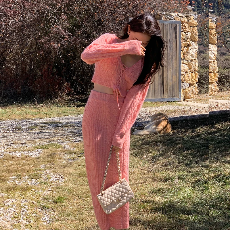 

Women Elegant Solid Color Two Piece Sets Casual Long Sleeve Knitted Sweater Tops Fashion All-match Skirt Outfits Woman