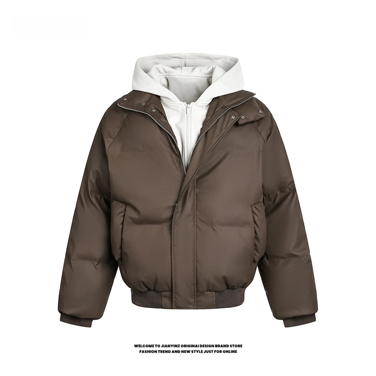 

Retro American PU Leather Hooded Jaet Thi Warm Cotton Coat for Couples Autumn Winter Youth Casual Sle Zipper Closure So...