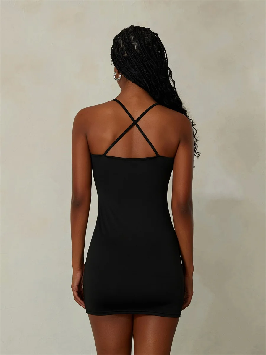 Nova moda feminina vestido de alça espaguete cor sólida coração anel de metal recorte elegante sem mangas sem costas bodycon vestido s m l