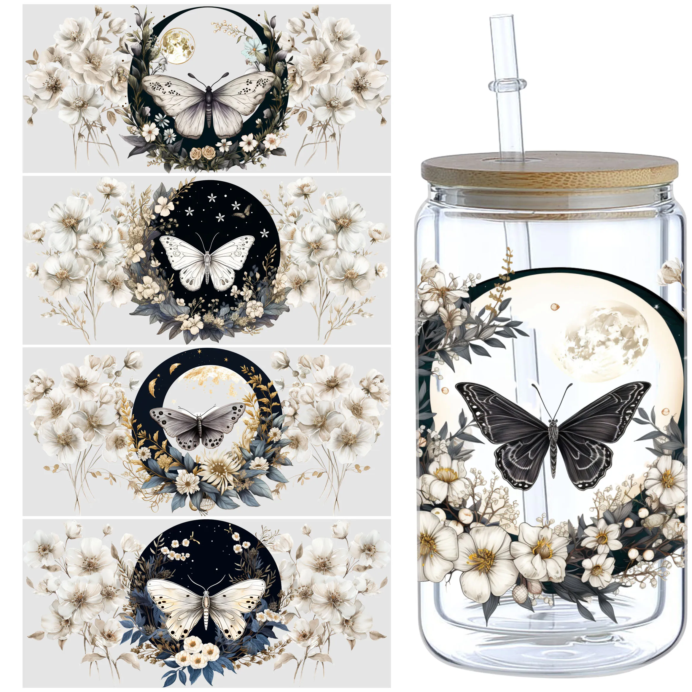 5pcs/set Butterfly Moon Sticker UV DTF Transfer Sticker Libbey Glass DIY Packaging Transfer Sticker For 16oz Glass