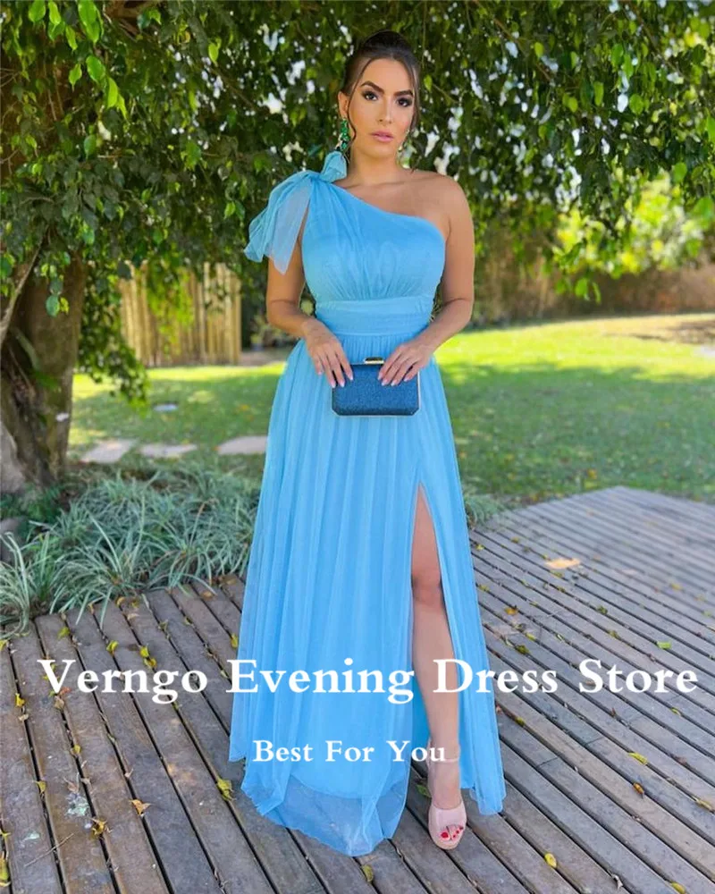 Verngo-vestido de fiesta de noche largo y sencillo para mujer, traje Formal de talla grande, con lazo en el hombro, para fiesta de boda