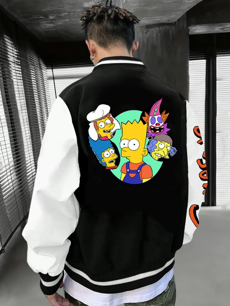 

The Simpsons Men's Baseball Jacket Features Multiple Character Print Patterns and A Classic S-letter Men's Retro Baseball Jacket