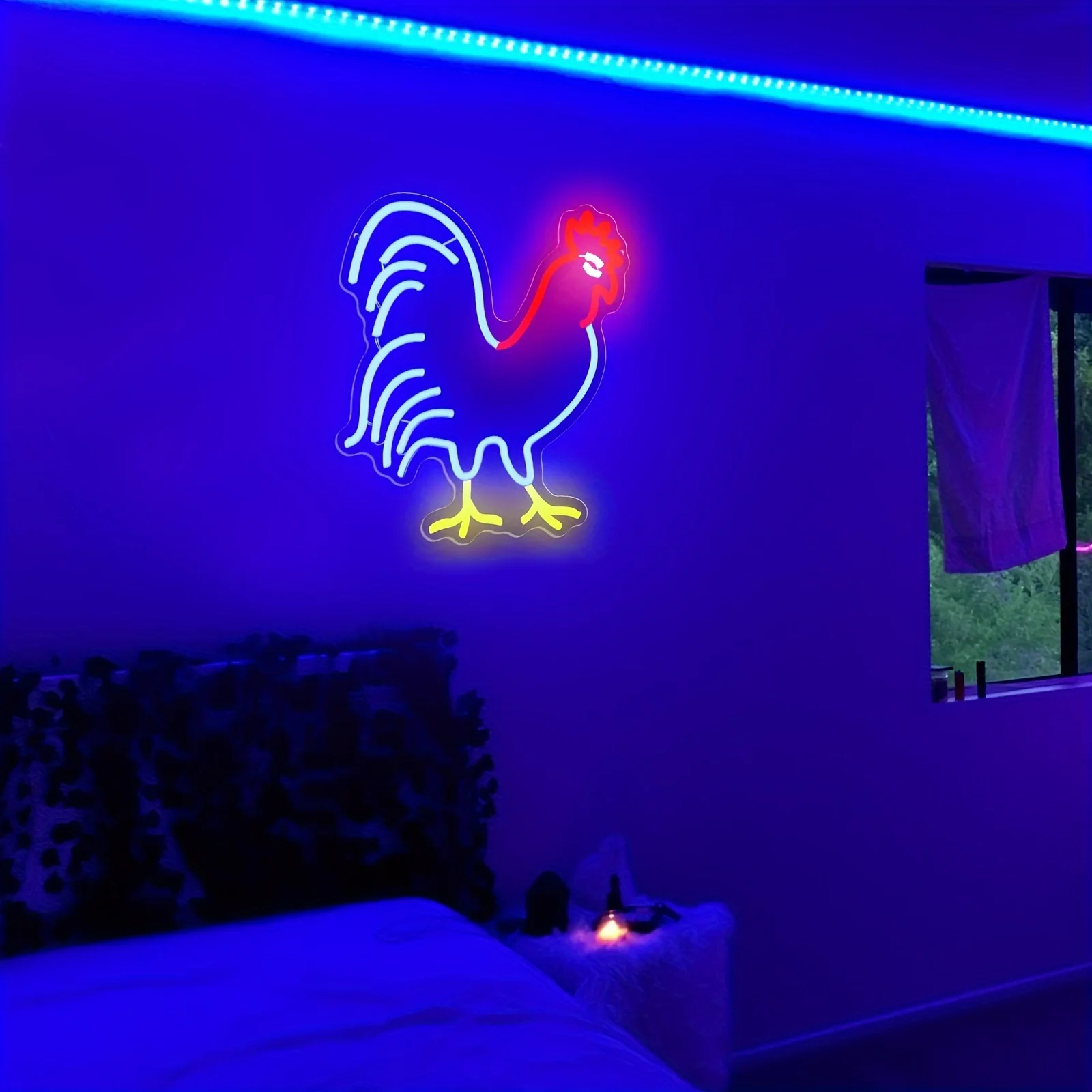 

Rooster neon sign, red and blue LED neon lights, chicken neon light wall decoration, room decoration, birthday party gifts