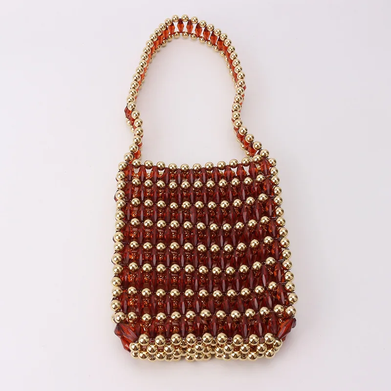 New Ins High Quality Customized Beaded Woven Women's Shoulder Bag Fashionable Red Gold Spliced Handbags for Women Unique Design